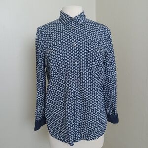 Talbots Navy Blue Geometric Print 100% Cotton Button Down Shirt Size 12